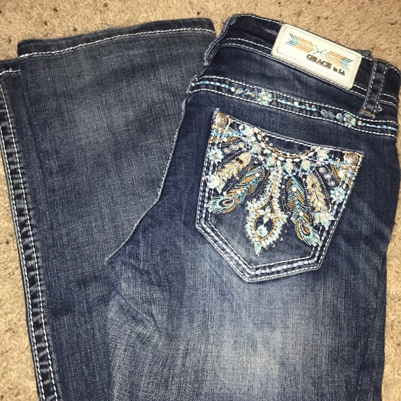 Grace in LA Denim - peacock pattern bootcut jeans